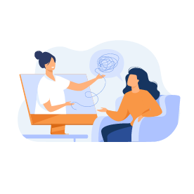 Illustration d’une femme assise dans un fauteuil échangeant avec une femme à distance sur l’ordinateur